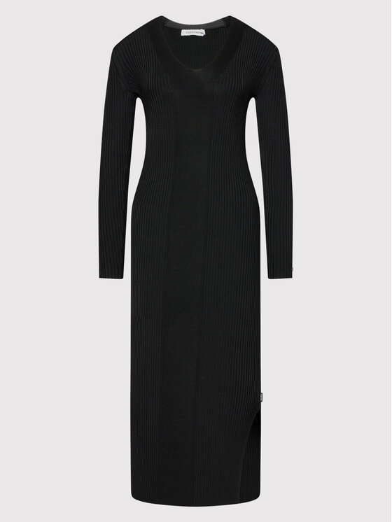 Calvin Klein Sukienka dzianinowa Iconic Rib V-Neck K20K203005 Czarny Slim Fit zdjęcie nr 4