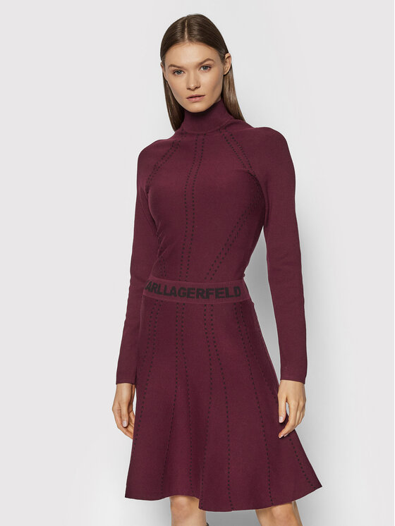 KARL LAGERFELD Sukienka dzianinowa Contrast Stitch 216W2031 Bordowy Slim Fit