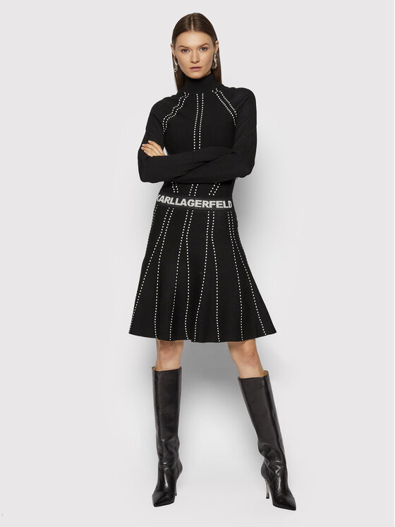 KARL LAGERFELD Sukienka dzianinowa Contrast Stitch 216W2031 Czarny Regular Fit zdjęcie nr 2