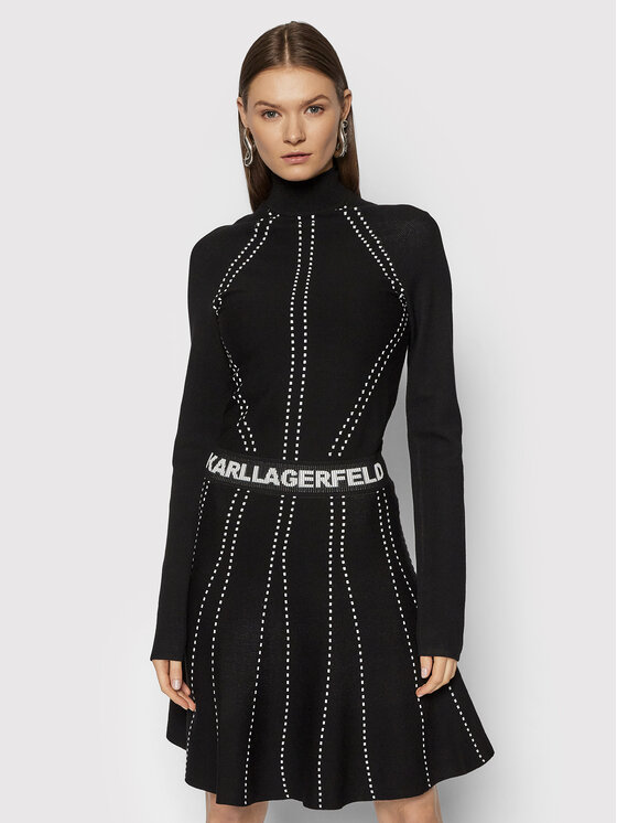KARL LAGERFELD Sukienka dzianinowa Contrast Stitch 216W2031 Czarny Regular Fit