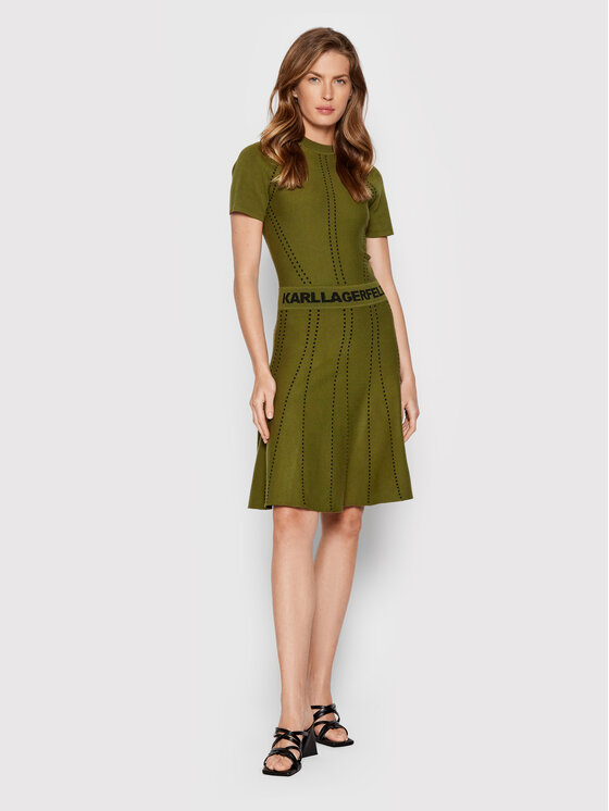 KARL LAGERFELD Sukienka dzianinowa Logo 221W2050 Zielony Slim Fit zdjęcie nr 2