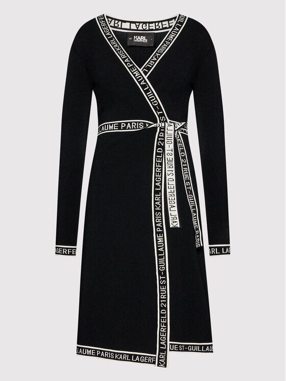 KARL LAGERFELD Sukienka dzianinowa Wrap 215W1330 Czarny Regular Fit zdjęcie nr 5