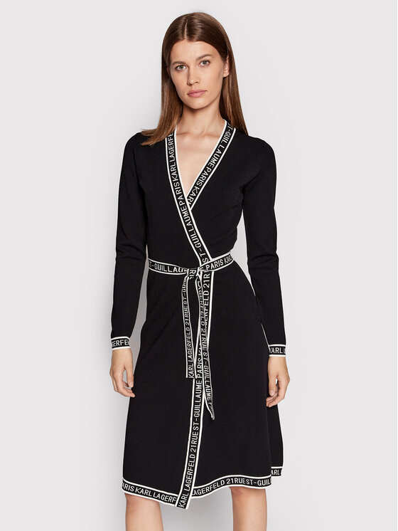 KARL LAGERFELD Sukienka dzianinowa Wrap 215W1330 Czarny Regular Fit