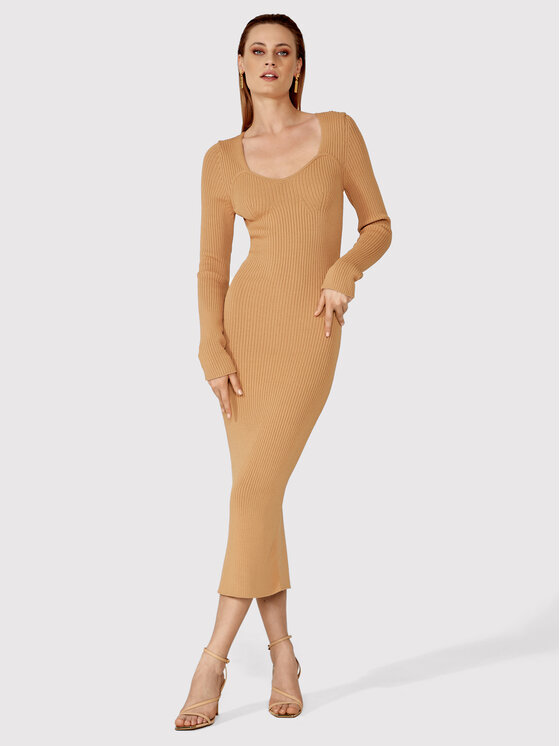 Simple Sukienka dzianinowa SUD022 Brązowy Slim Fit